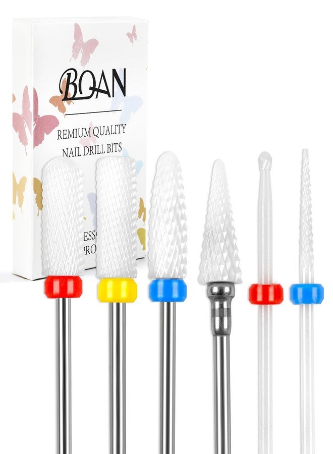 BQAN Nail Drill Bits Set - 6Pcs Ceramic Bits 3/32” for Prep. Cuticle Removal, Acrylic & Gel Polish - Professional Nail Tech Manicure Tools Home & Salon Use - Image 1